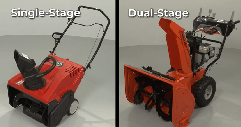 A single stage snowblower and a dual stage snowblower
